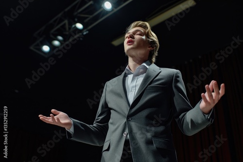 Obraz na płótnie A young man in a suit, on a stage, singing passionately, illuminated by spotlights. w salonie