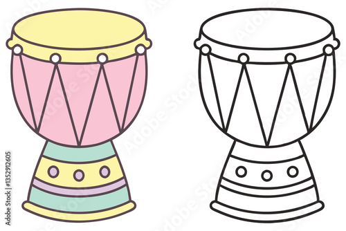 Cute Bongo Drum Duo, Colorful Design, Outline Illustration, Isolated on White Background