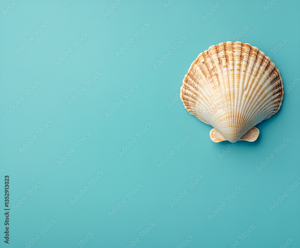 beautiful big sea shell isolated on blue background. copy space. top view beautiful big sea shell isolated on blue background. copy space. top view