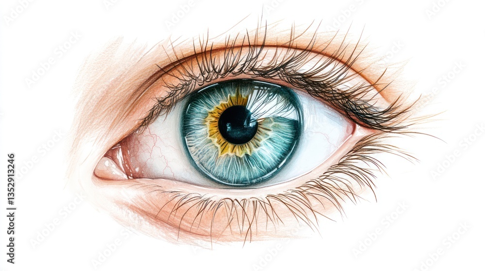 Close-up detailed eye illustration, isolated, white background, medical/artistic use Close-up detailed eye illustration, isolated, white background, medical/artistic use
