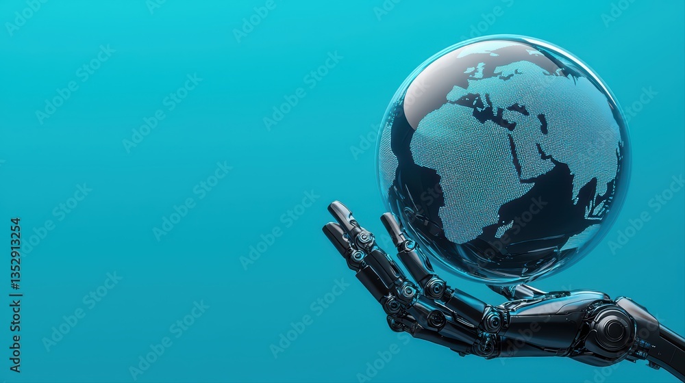 Fototapeta premium Robotic hand holding earth globe technology concept