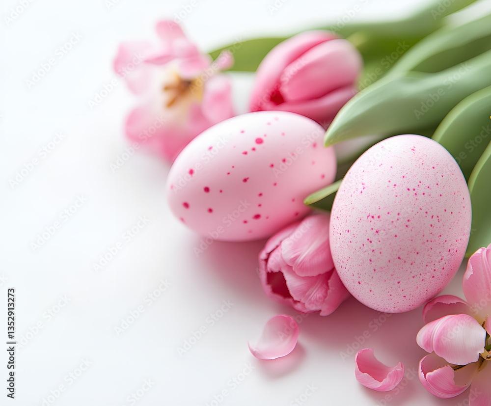 pink easter eggs with tulips pink on white background. Selective focus, Space for text pink easter eggs with tulips pink on white background. Selective focus, Space for text