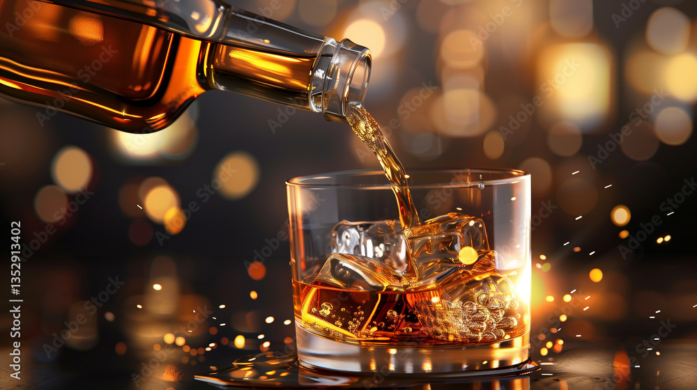 A glass of whisky with ice cubes in it is being poured A glass of whisky with ice cubes in it is being poured