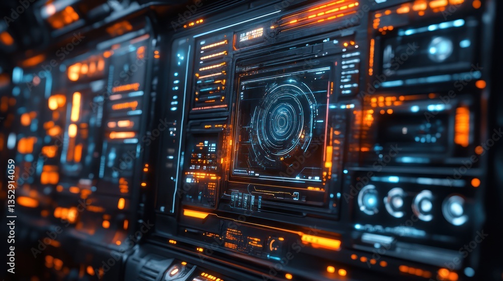 Futuristic control panel interface, spaceship interior, data streams, orange lighting, technology concept Futuristic control panel interface, spaceship interior, data streams, orange lighting, technology concept