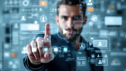 Man Interacting with Futuristic Interface:  Digital Technology and Innovation