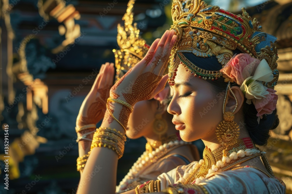 Fototapeta premium Two Balinese women in traditional gold headdresses and jewelry, praying peacefully.