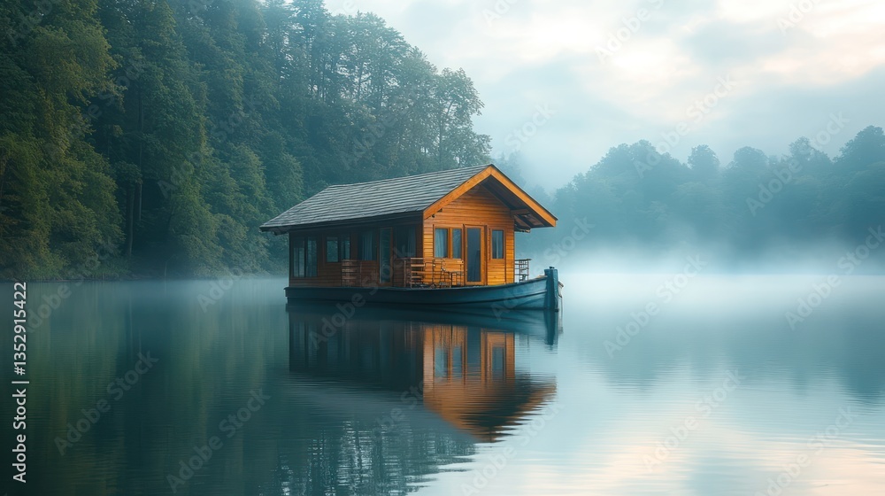 Fototapeta premium Misty lake sunrise, floating house, tranquil forest, serene escape, travel brochure