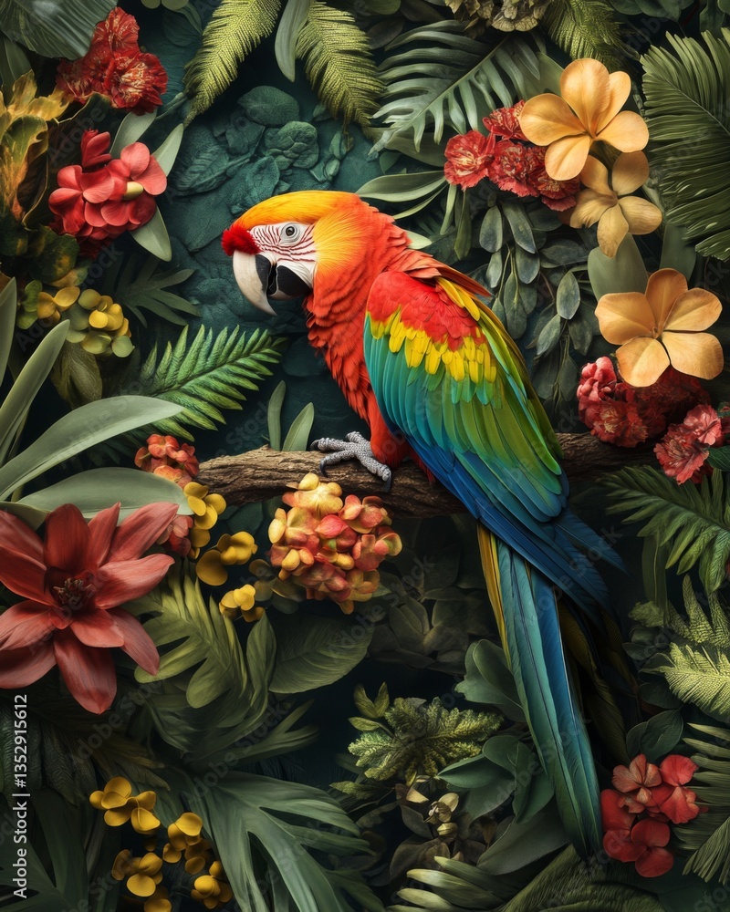 Fototapeta premium A vibrant parrot perched among lush tropical foliage. This colorful scene captures the beauty of nature in rich detail. Explore the harmony of wildlife and flora. Generative AI