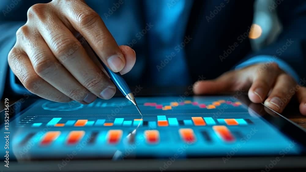 Businessman analyzing data on tablet, office setting, high-tech, presentation