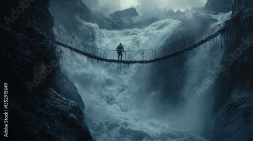 Man crosses precarious rope bridge over raging mountain waterfall