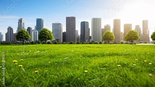 Urban Oasis: City Skyline Meets Lush Green Meadow