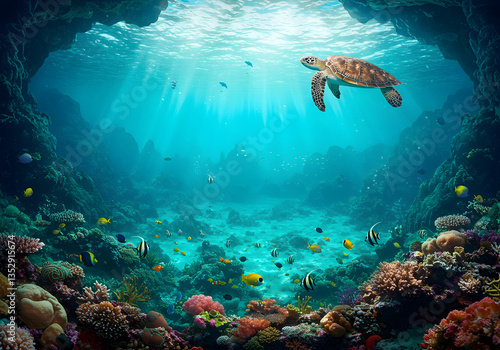 Sea Turtle Swimming Over Colorful Coral Reef with Sun Rays
