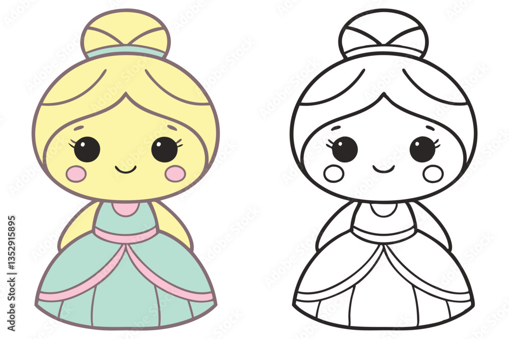 Cute Cartoon Princess with Blonde Hair, Green Dress and Line Art Set Cute Cartoon Princess with Blonde Hair, Green Dress and Line Art Set