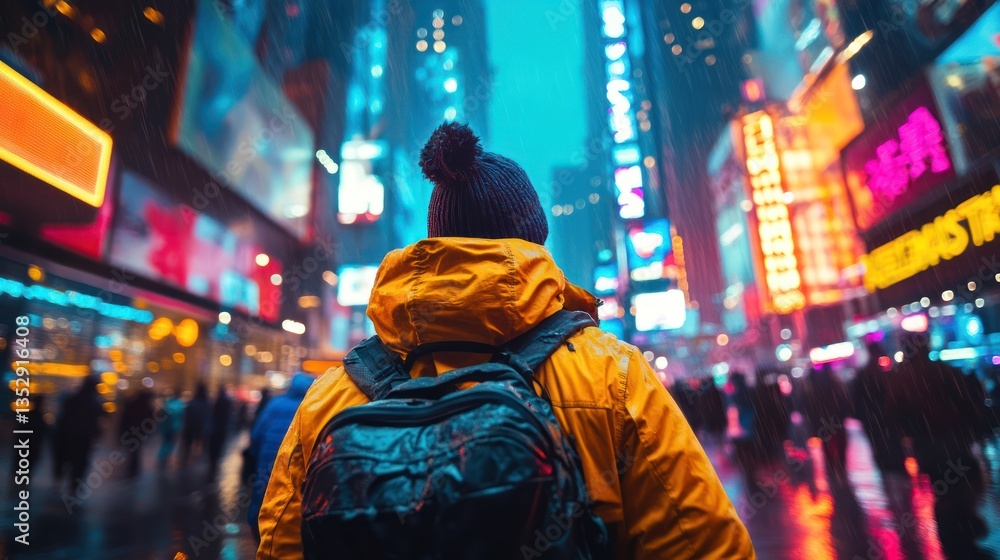 Tourist exploring rainy Times Square, NYC, vibrant night Tourist exploring rainy Times Square, NYC, vibrant night