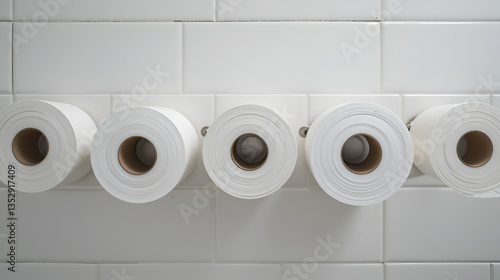 Toilet paper rolls on a white bathroom wall background.