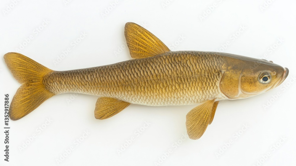 Detailed View of a Fish with Golden Scales and Fins on a White Background Ideal for Nature Sc Detailed View of a Fish with Golden Scales and Fins on a White Background Ideal for Nature Sc