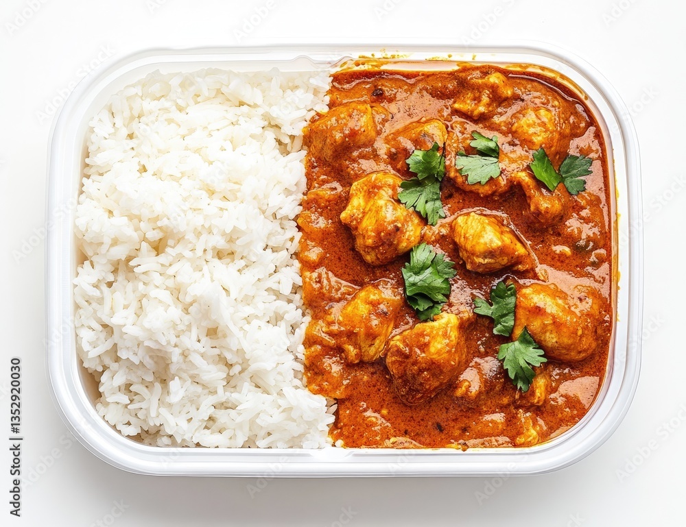 Chicken curry with rice in a takeout container Chicken curry with rice in a takeout container