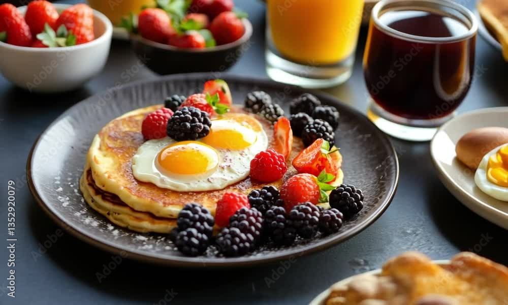 Delicious Pancakes with Berries and Fried Eggs: A Perfect Breakfast Delicious Pancakes with Berries and Fried Eggs: A Perfect Breakfast