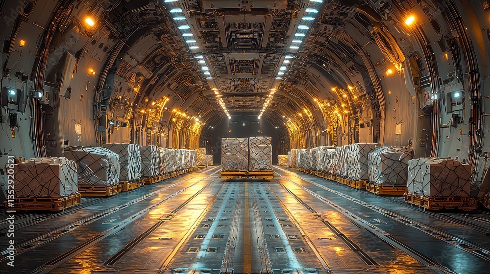 Obraz premium Cargo plane interior, pallets loaded, nighttime flight, global logistics