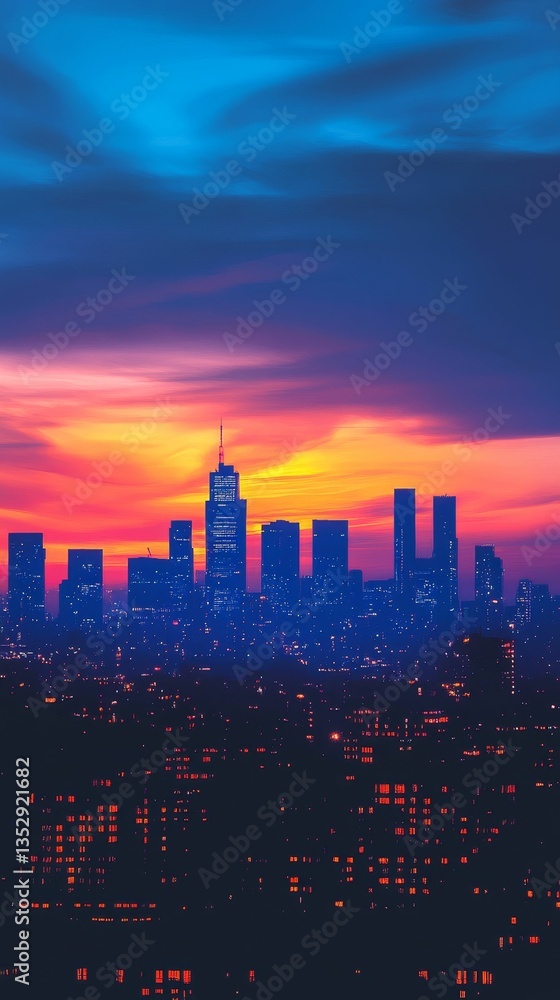 Fototapeta premium City skyline glows during vibrant sunset twilight.