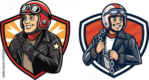 Two Cartoon Motorcycle Riders in Retro Style Jackets