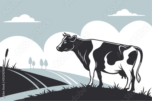 Black and White Cow Silhouette in a Peaceful Countryside Setting