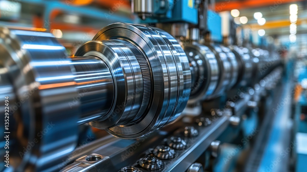 Metallic machinery with shiny, cylindrical, repeating elements in an industrial space Metallic machinery with shiny, cylindrical, repeating elements in an industrial space