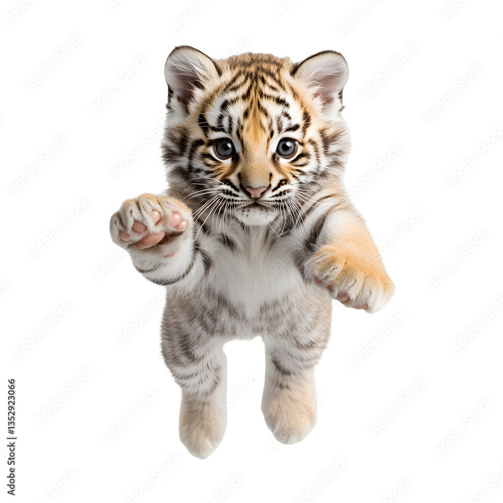 Fototapeta premium Playful tiger cub standing upright, reaching out with tiny paws. An endearing image of youthful innocence and natural curiosity.