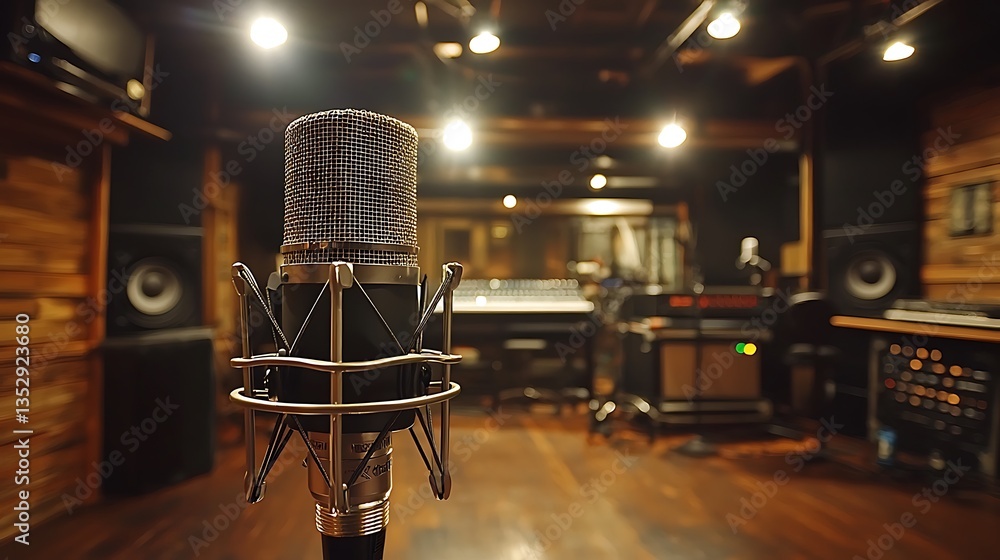 Close-up of vintage microphone in recording studio.