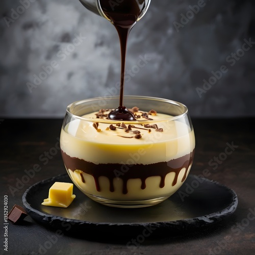 Delicious vanilla dessert with pouring chocolate sauce and chocolate chips