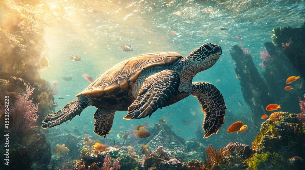 Fototapeta premium A magnificent sea turtle swims gracefully in the clear ocean water