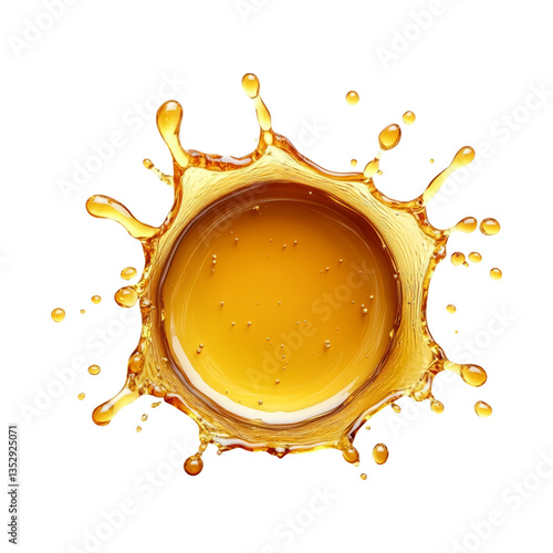 Splash of golden liquid isolated on transparent background with droplets