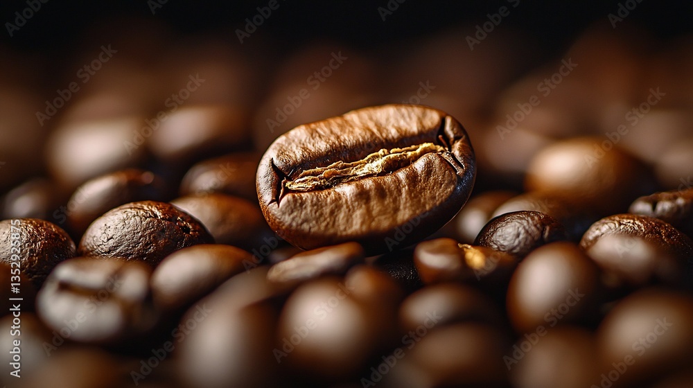 Close-up of a single roasted coffee bean atop a pile of beans.