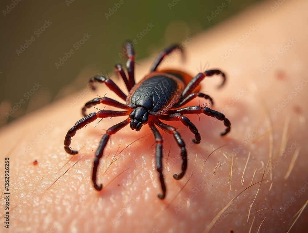 Obraz premium A close-up of a tick biting human skin, showing sharp detail under natural outdoor lighting, highlighting the dangerous health risks posed by tick bites.