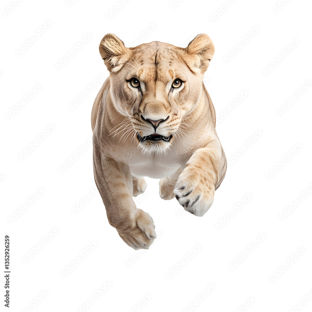Fototapeta premium A powerful lioness charges forward, her intense gaze fixed, mouth open in a threatening display of sharp teeth, showcasing raw power and aggression.