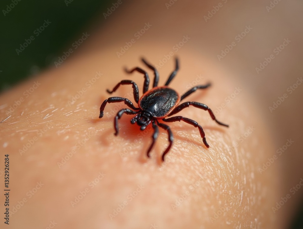 A close-up of a tick biting human skin, showing sharp detail under natural outdoor lighting, highlighting the dangerous health risks posed by tick bites. A close-up of a tick biting human skin, showing sharp detail under natural outdoor lighting, highlighting the dangerous health risks posed by tick bites.
