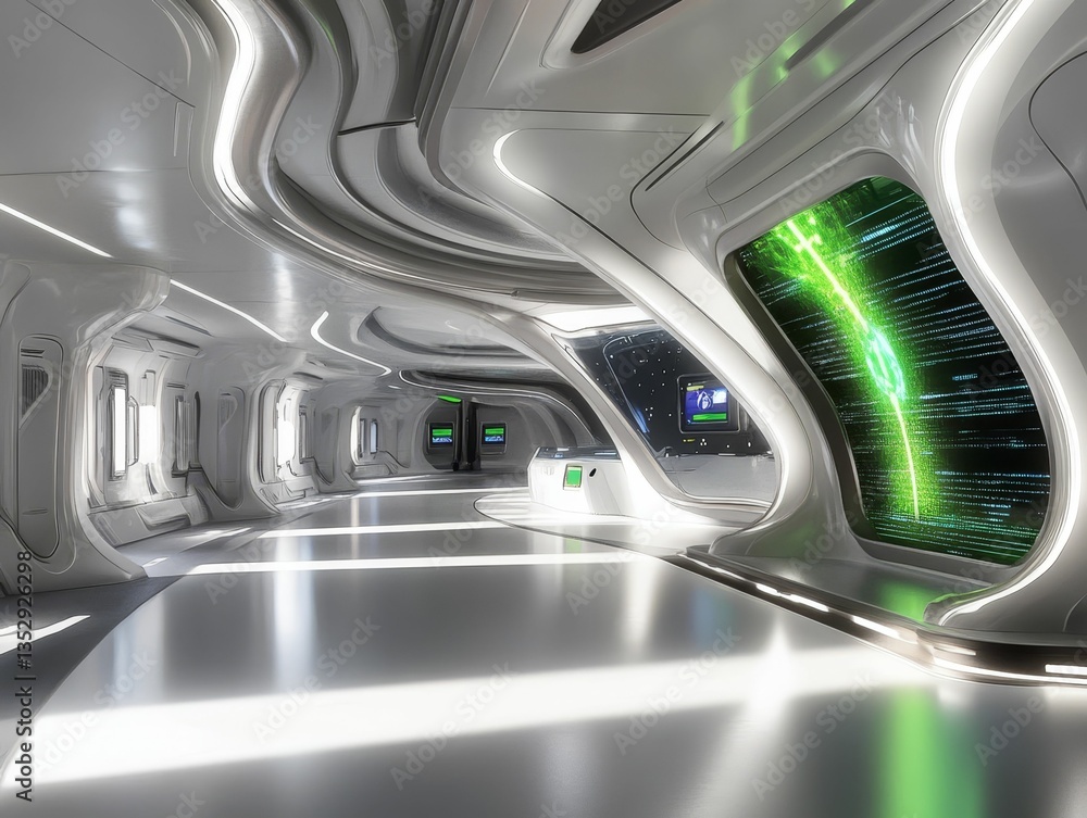 Sleek futuristic corridor illuminated with bright screens. Sleek futuristic corridor illuminated with bright screens.