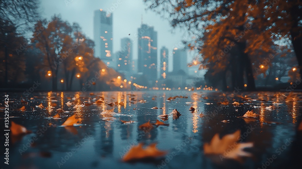 Autumn leaves in city park reflecting lights on wet pavement.