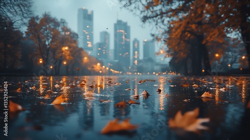 Autumn leaves in city park reflecting lights on wet pavement.