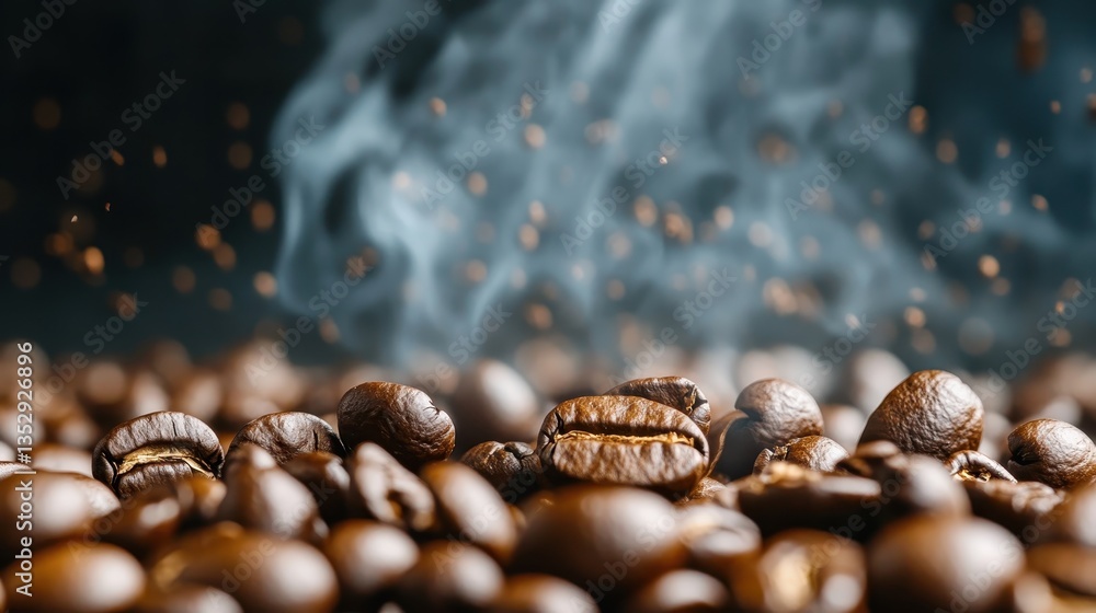 The image captures a close-up of roasted coffee beans scattered across a dark surface, emitting smoke that enhances their rich aroma and deep color, perfect for coffee lovers. The image captures a close-up of roasted coffee beans scattered across a dark surface, emitting smoke that enhances their rich aroma and deep color, perfect for coffee lovers.