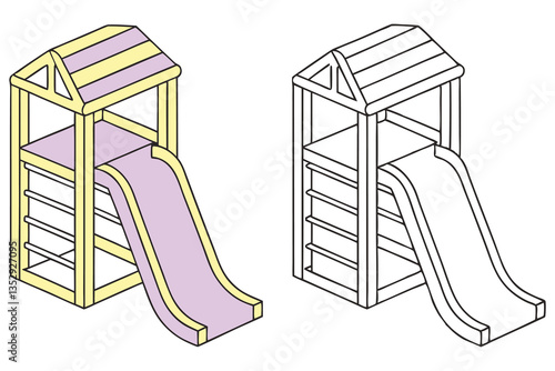Isometric Playground Structure with Slide, Ladder, and Roof – Outline and Color