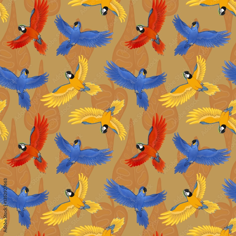 seamless background with colour macaws. Blue macaw. Yellow macaw. Red macaw seamless background with colour macaws. Blue macaw. Yellow macaw. Red macaw