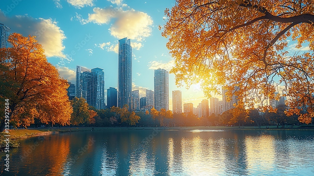 Vibrant autumn foliage frames cityscape at sunset.