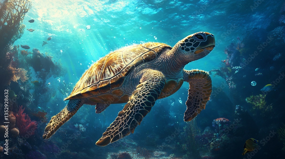 Obraz premium A beautiful sea turtle swims gracefully through the ocean water