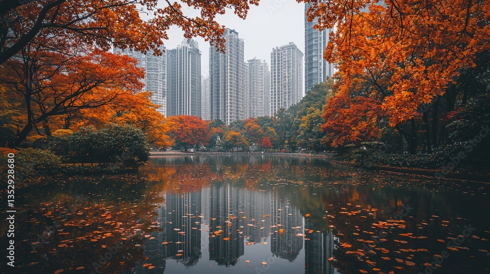 Autumnal city park with vibrant foliage reflected in a calm pond.