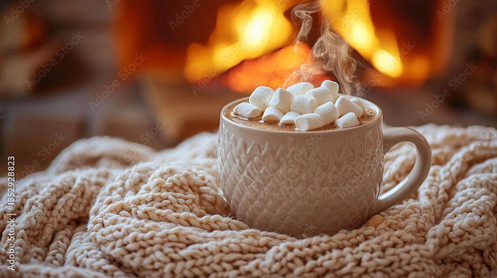 Cozy hot cocoa with marshmallows by fireplace. (2)