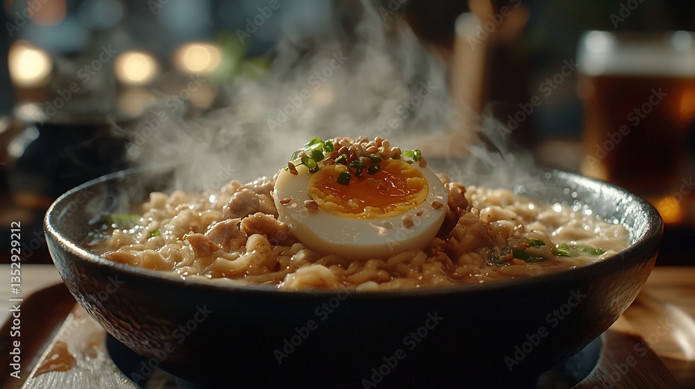 Steaming ramen bowl with soft boiled egg, chicken, and scallions.