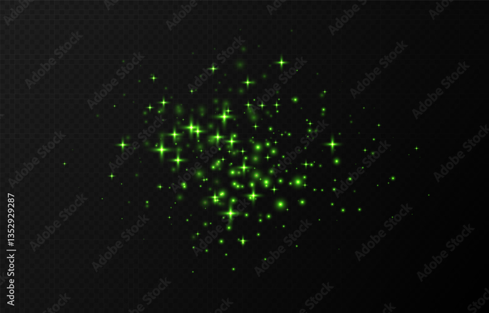 Green sparkling stars, shiny particles light effect, transparent flying stardust texture, abstract twinkle Christmas decoration. Vector illustration.