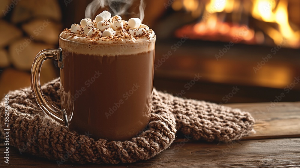 Hot chocolate with marshmallows by fireplace.