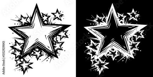 A painted star in graffiti style silhouette isolated on white and black background